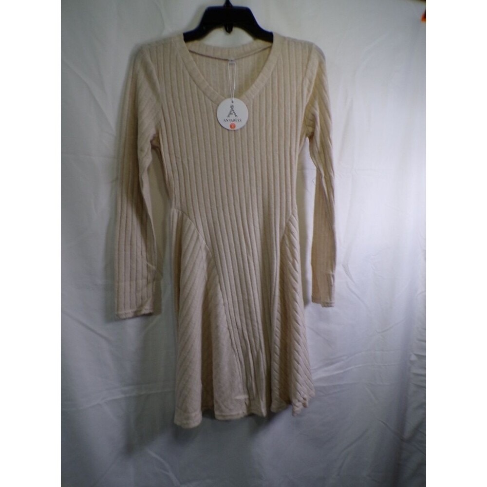 Anrabess Ribbed Knit Sweater Dress TL00037 Beige S Crew Neck Long Sleeve